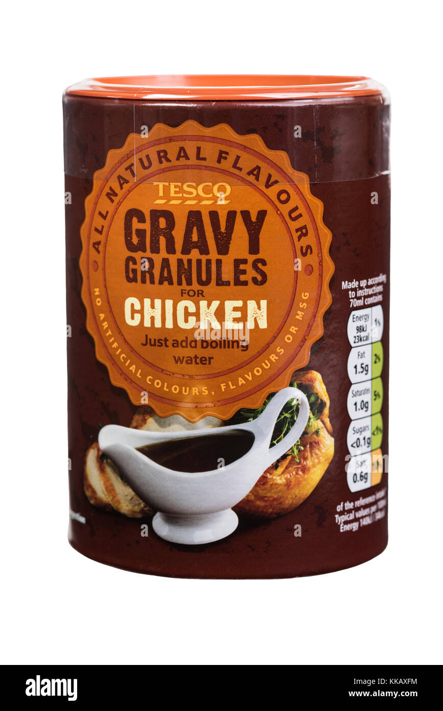 Tesco chicken gravy Granules, Lebensmittelverpackungen. Stockfoto