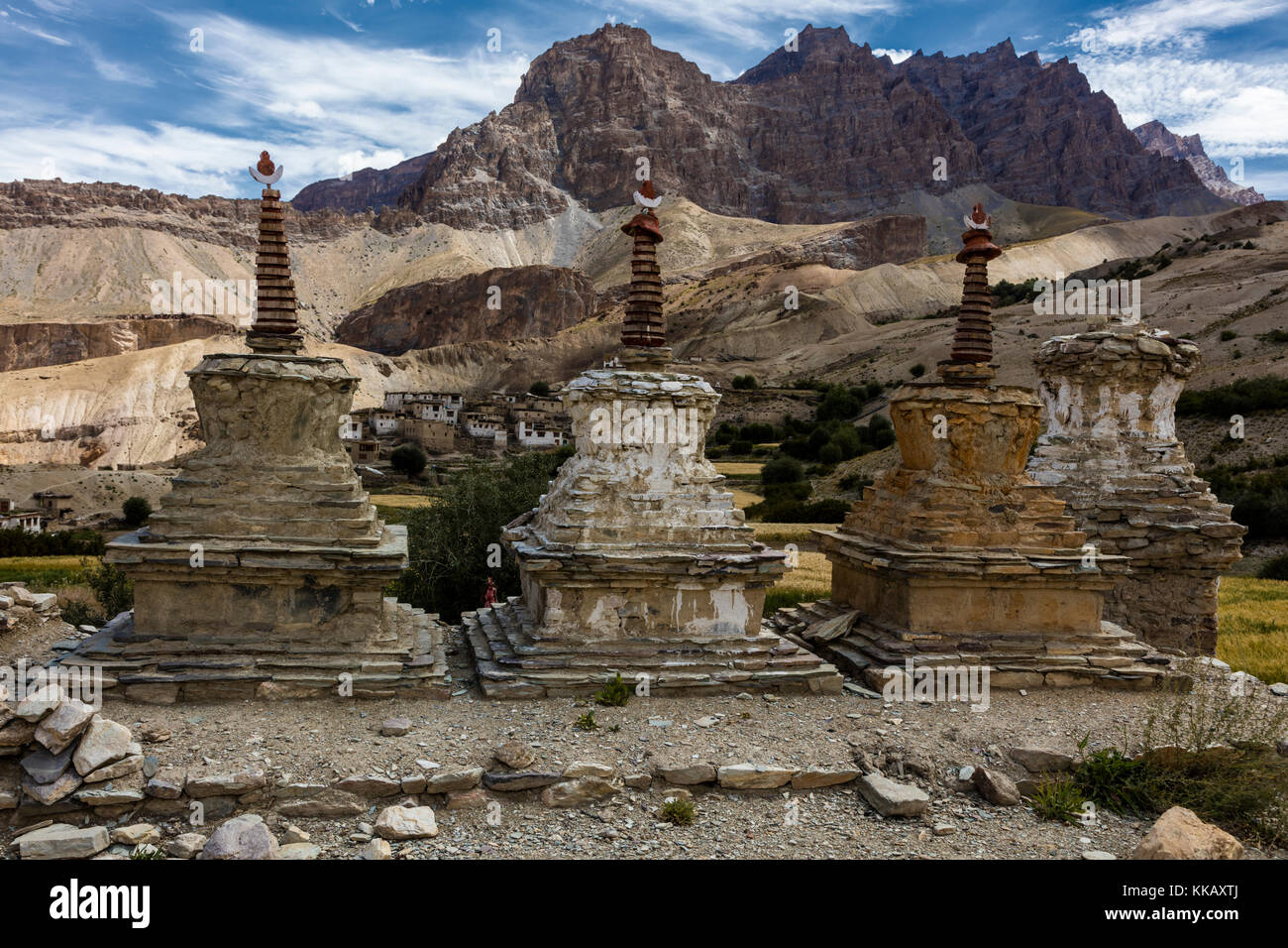 BUDDHISTISCHE CHORTEN IN DER NÄHE DES DORFES NYERAK IN DER ZANSKAR-SCHLUCHT - ZANSKAR, LADAKH, INDIEN Stockfoto