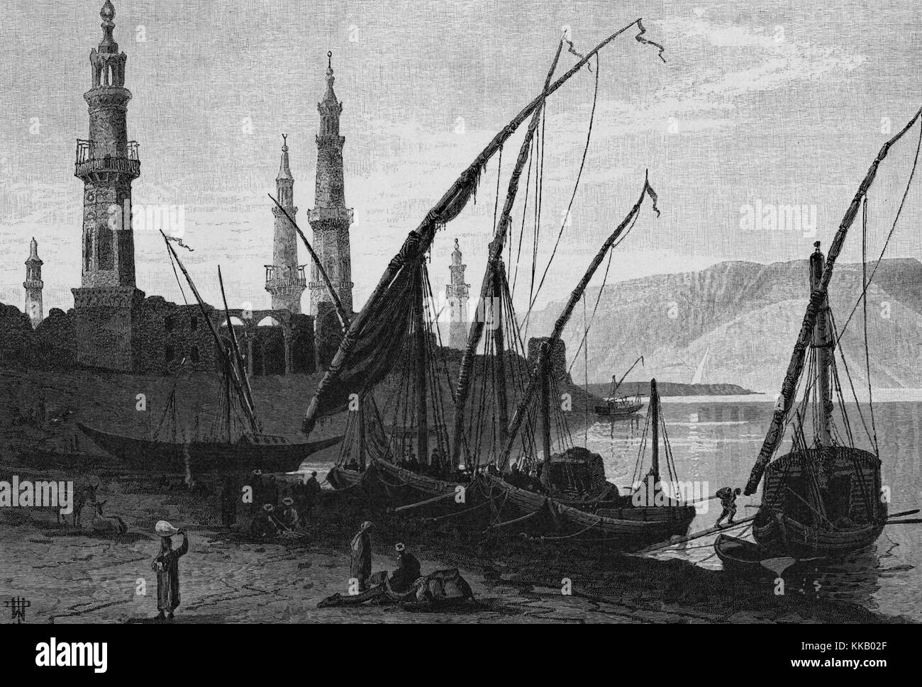 Holzstich, Ufer, Boote, Menschen zu Fuß entlang der Küste, Minarette im Hintergrund, mit Untertiteln "Girgeh, von der Anlegestelle im Süden", aus dem Buch "Malerischen Palästina, Sinai, Ägypten", die von Sir Charles William Wilson, 1882. Von der New York Public Library. Stockfoto