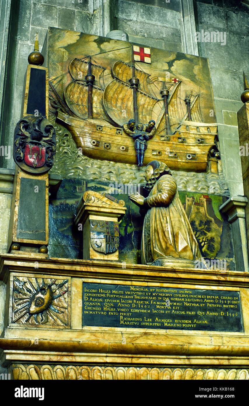 Dame alice Hales betet durch Darstellung von 1589 Bestattung auf See der Mann Sir James hales. hales Memorial, der Kathedrale von Canterbury, Großbritannien Stockfoto