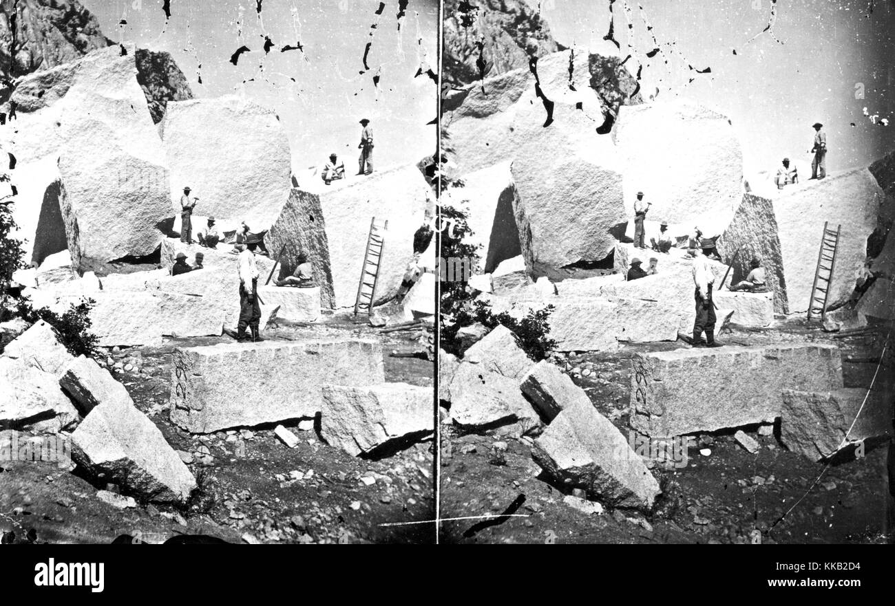 Stereograph der Arbeiter in Steinbrüchen Granit für die Mormon Temple, Salt Lake County, Utah. Bild mit freundlicher Genehmigung durch USGS. 1872. Stockfoto