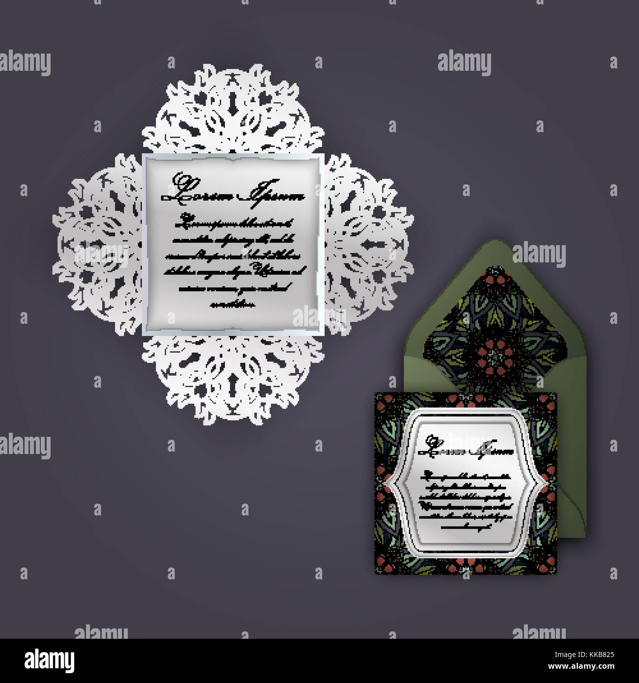 Hochzeit Einladung oder Grußkarte mit Vintage floralen Ornament. Papier spitze Umschlag Vorlage, Mock-up für Laserschneiden. Vector Illustration. Stock Vektor