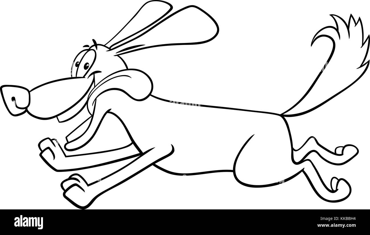 Schwarze und weiße Cartoon Illustration von Happy laufender Hund Tier Comic-figur Färbung Seite Stock Vektor