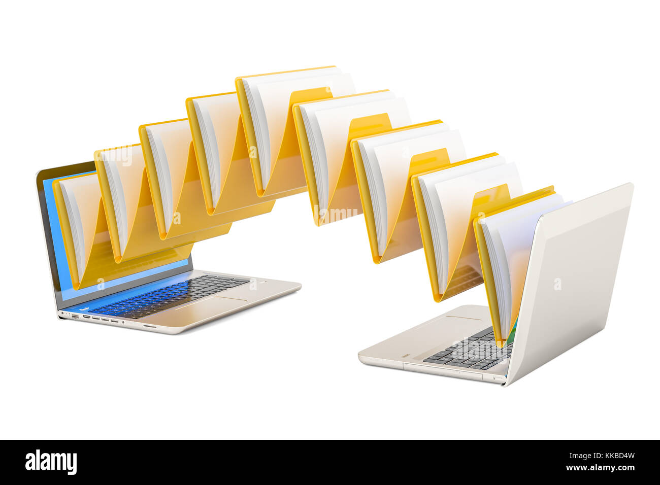 Datenübertragung zwischen Notebooks, 3D-Rendering auf weißem Hintergrund Stockfoto