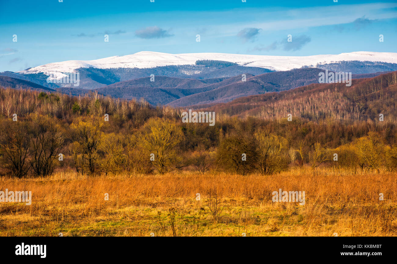 Wunderschöne Frühlingslandschaft in Karpaten. Snowy oben auf polonina runa Bergrücken in der Ferne Stockfoto