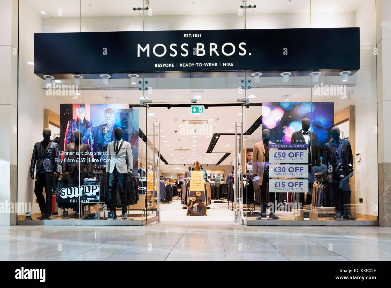 Moss Bros store, UK. Stockfoto