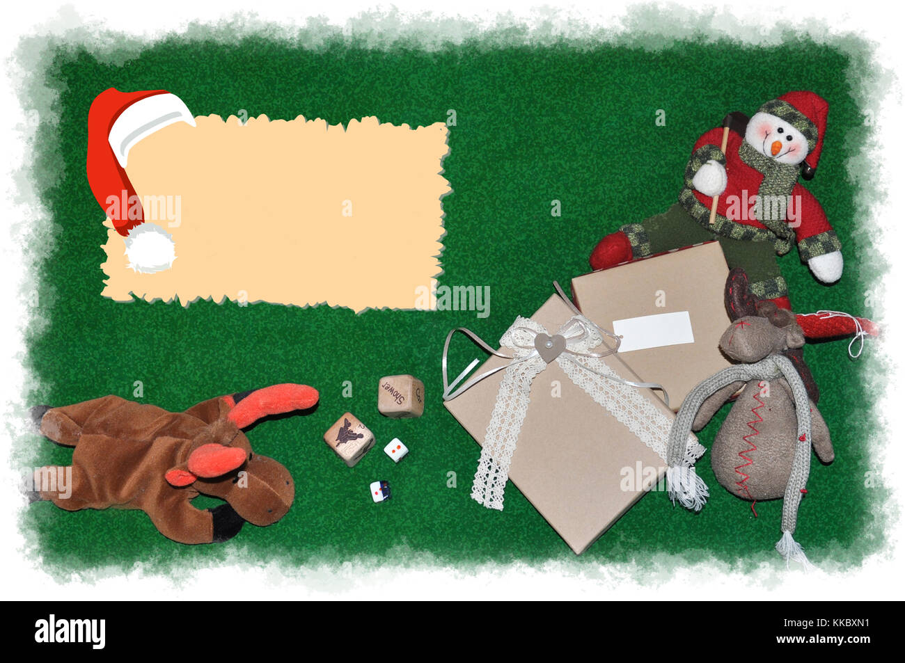 Weihnachtskarte mit Puppen - Weihnachten Dekoration - Weihnachten Hintergrund - mit Platz für Wünsche Stockfoto