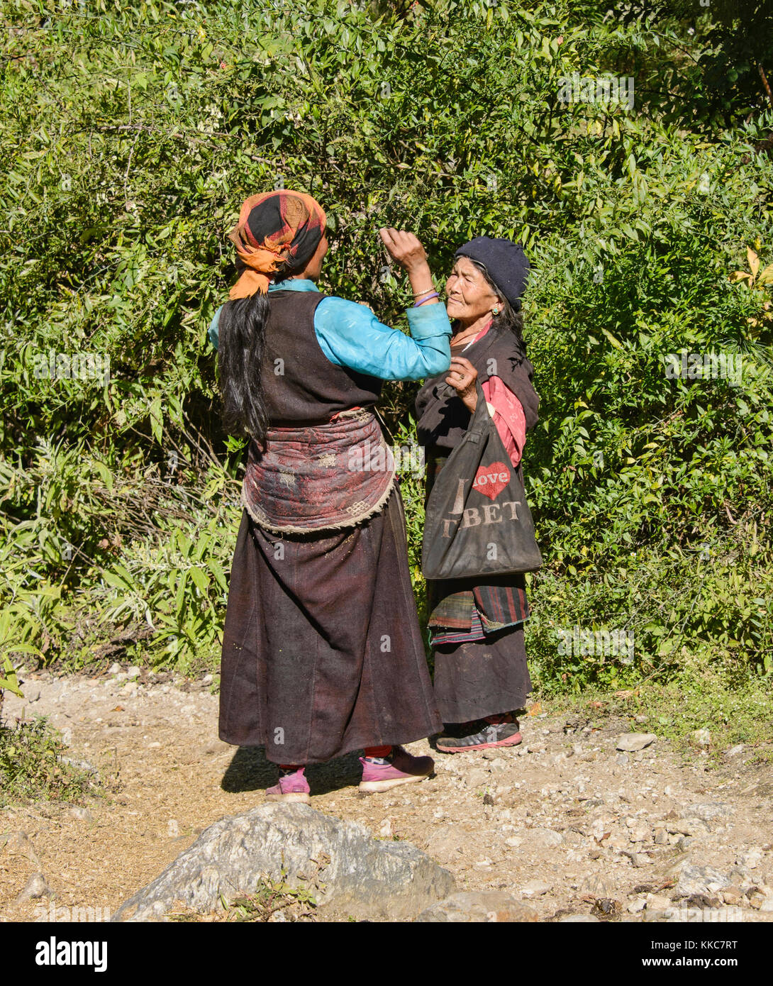 Alte tibetische Frauen auf dem Weg in die Fernbedienung Tsum Valley in der Nähe von Tibet, Gorkha Bezirks, Nepal Stockfoto