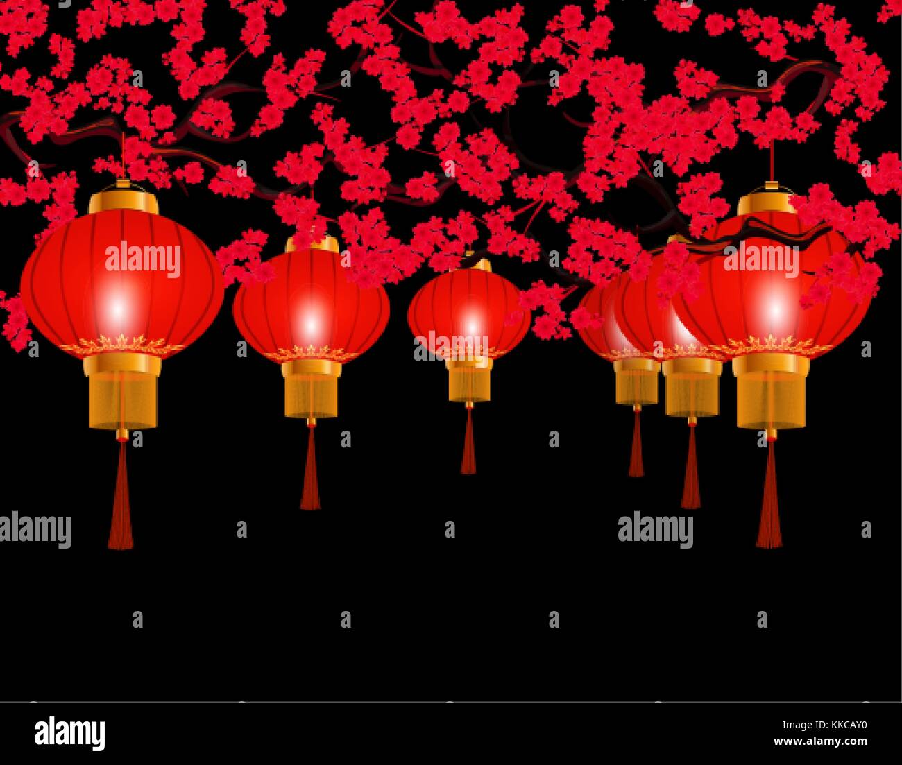 Chinesisches neues Jahr. Im Park rote Lampions aufgehängt. runde Form. Vor dem Hintergrund einer blühenden rote Kirsche. Abbildung Stock Vektor