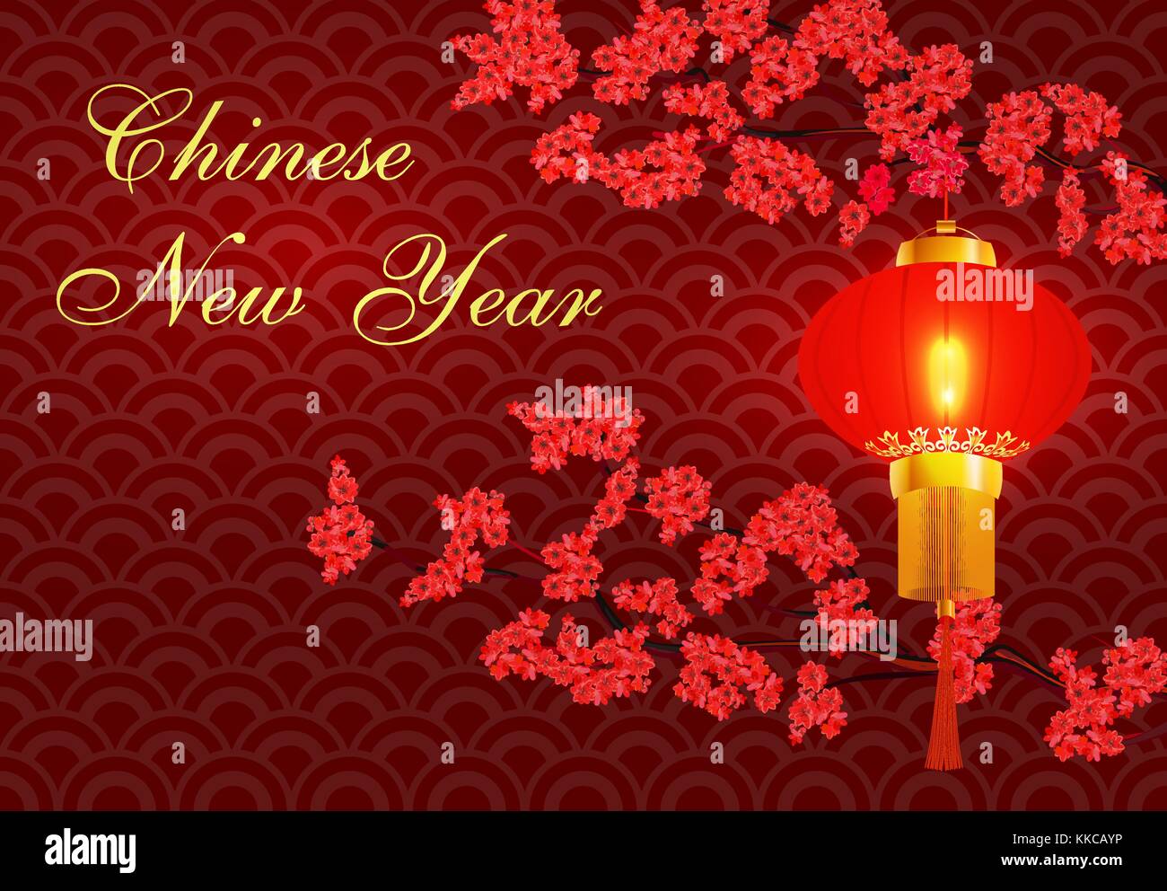 Chinesisches neues Jahr. zwei Zweigen einer blühende rote Kirsche. hängende rote chinesische Laterne. congratulatory Inschrift. Abbildung Stock Vektor
