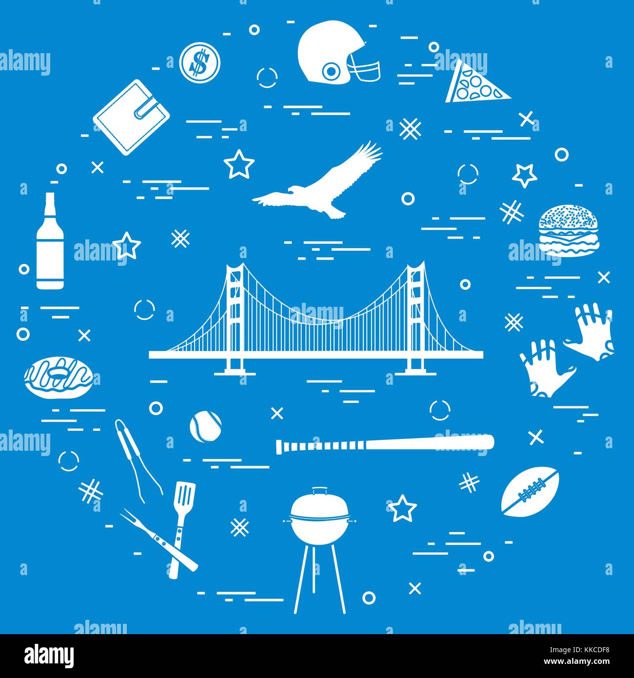 Symbole der USA: Golden Gate, Hängebrücke und Soaring Eagle, Whiskey, Donut, Portemonnaie, Dollar, Helm und Handschuhe für American Football, der Hamburger a Stock Vektor