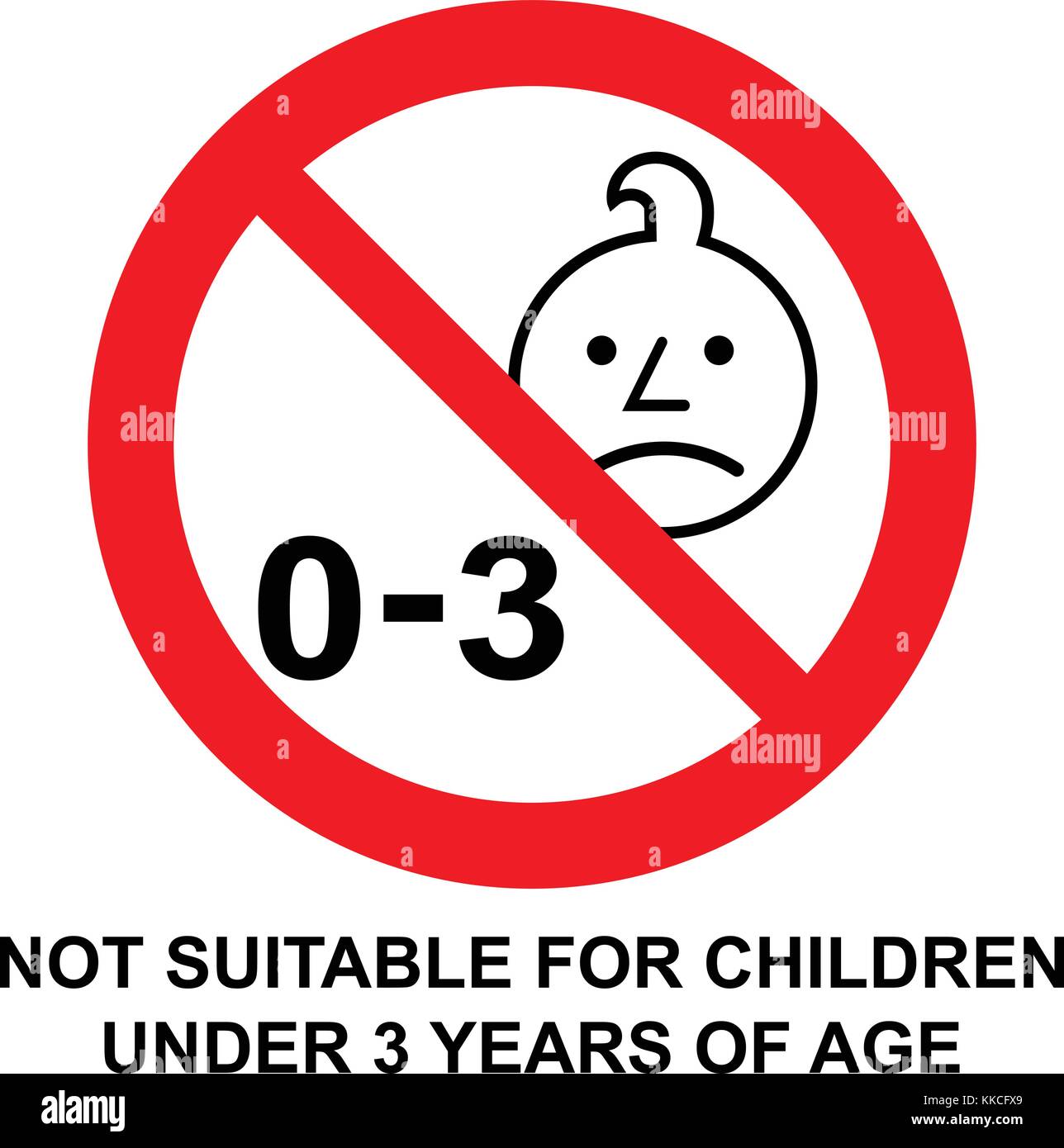 Nicht für Kinder unter 3 Jahren geeignet, Verbotsschild. Silhouette eines Kindes in rotem Kreis mit 0-3 Symbol, Warnzeichen, Vektorgrafik. Stock Vektor