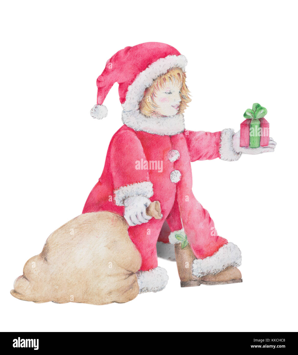 Aquarell von Santa Cross' Mädchen bietet jetzt eine Geschenkverpackung. Glücklich frohe Weihnachten Urlaub. Stockfoto