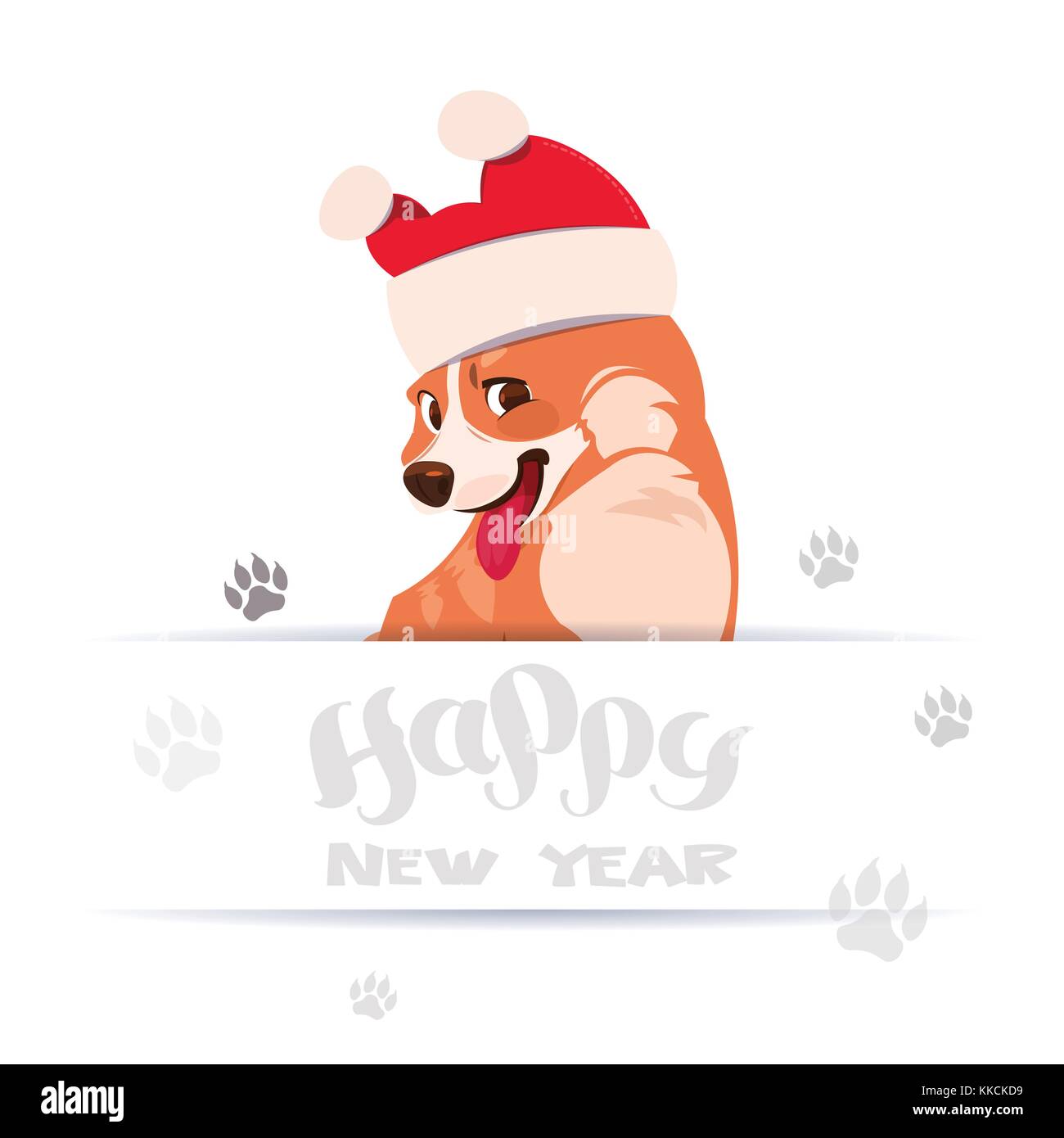 Frohes neues Jahr 2018 Grußkarten-Design mit Schriftzug und corgi Hund Tragen santa hat über Fuß gedruckt auf weißem Hintergrund Stock Vektor