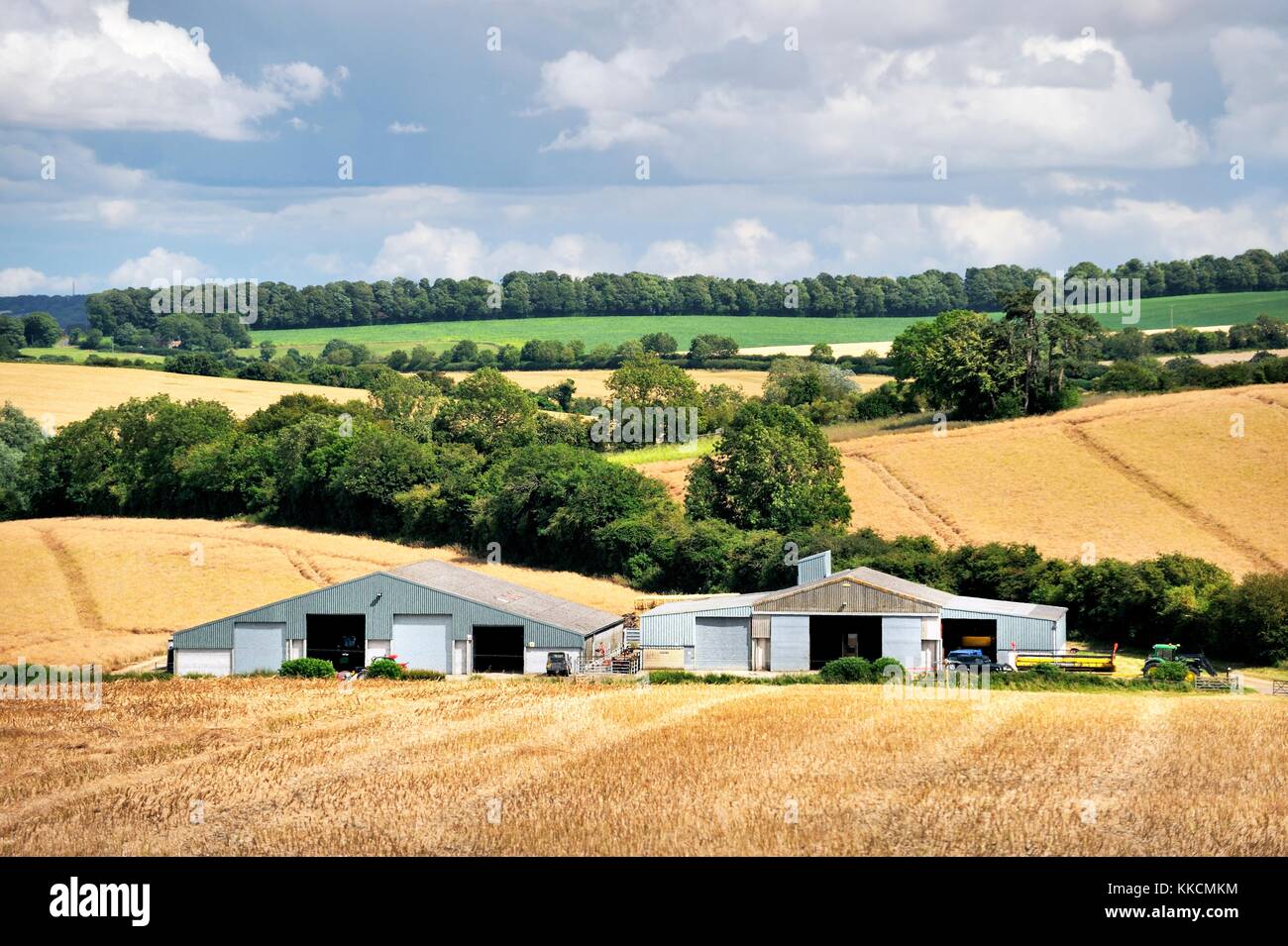 Moderne landwirtschaftliche Scheunen und Ackerland Bauernhof Ernte Felder in der ländlichen Kreide tiefen Landschaft Wiltshire. In der Nähe von Avebury. Sommer Stockfoto