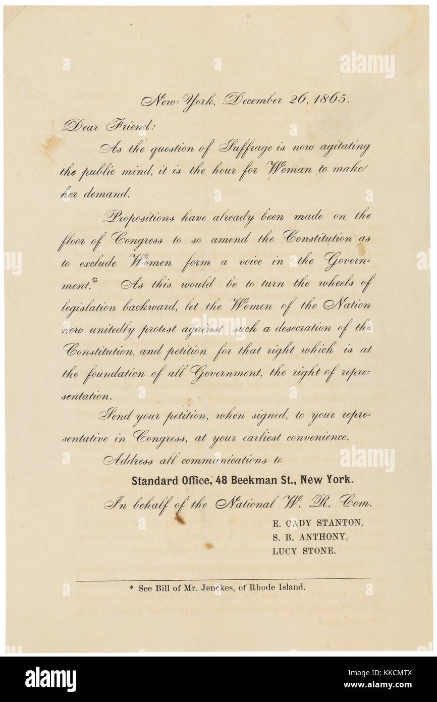 Formular Brief von E. Cady Stanton, Susan B. Anthony und Lucy Stone, die Freunde bitten, Petitionen für Frauenwahlrecht an ihre Vertreter im Kongress zu senden. Mit freundlicher Genehmigung von National Archives. 1865. Stockfoto