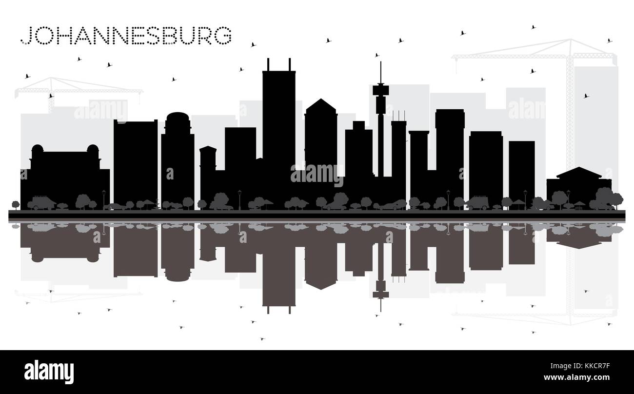 Johannesburg Südafrika Skyline der Stadt schwarze und weiße Silhouette mit Reflexionen. Business Travel Concept. Stadtbild mit Referenzmarken Stock Vektor