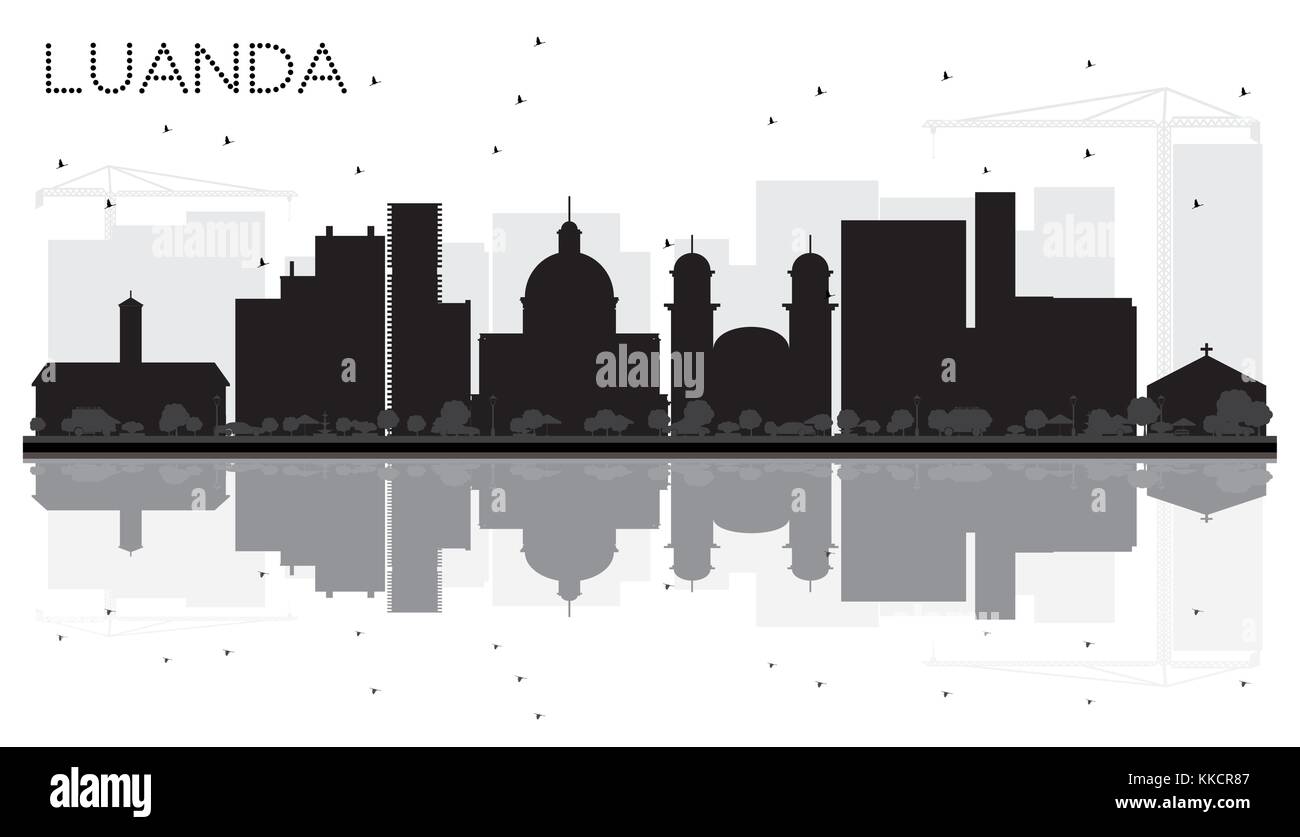 Luanda Angola Skyline der Stadt schwarze und weiße Silhouette mit Reflexionen. Vector Illustration. Business Travel Concept. Stadtbild mit Sehenswürdigkeiten. Stock Vektor
