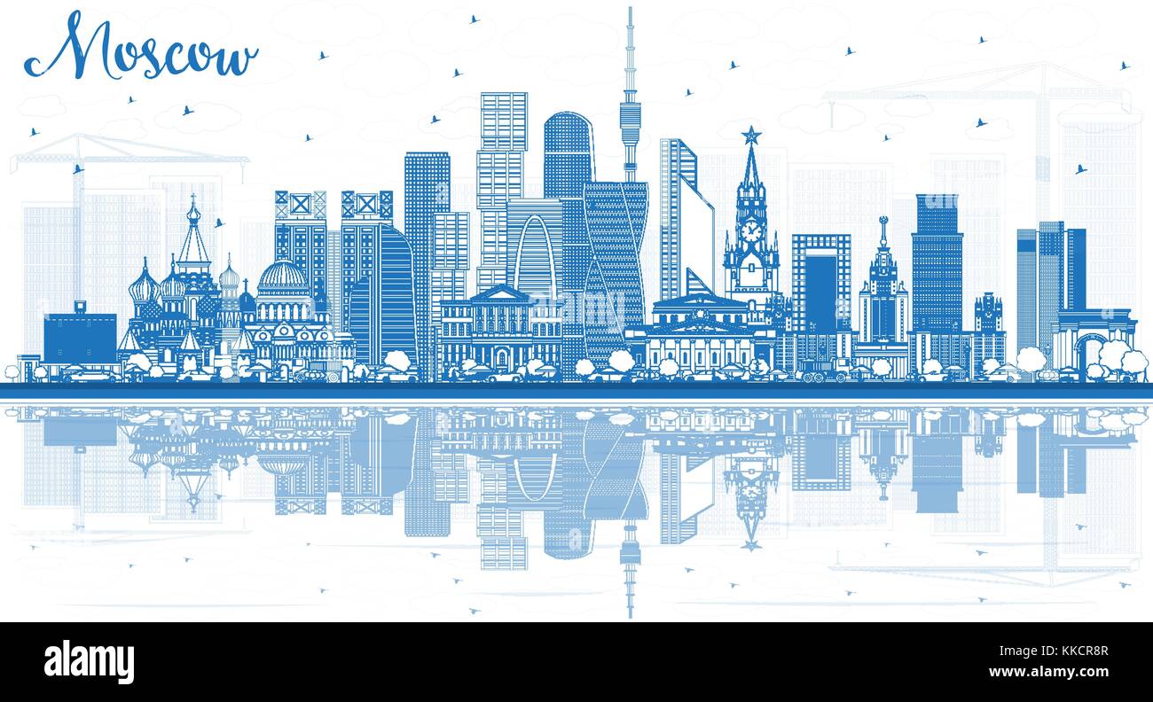 Umrisse Moskau Russland Skyline mit blauen Gebäude und Reflexionen. Vector Illustration. Business Travel und Tourismus Abbildung Stock Vektor