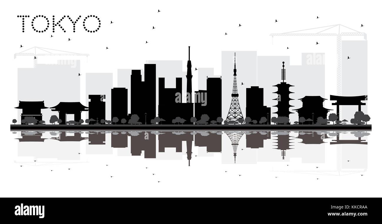Tokyo Japan Skyline der Stadt schwarze und weiße Silhouette mit Reflexionen. Vector Illustration. Business Travel Concept. Tokio Stadtbild mit Sehenswürdigkeiten. Stock Vektor