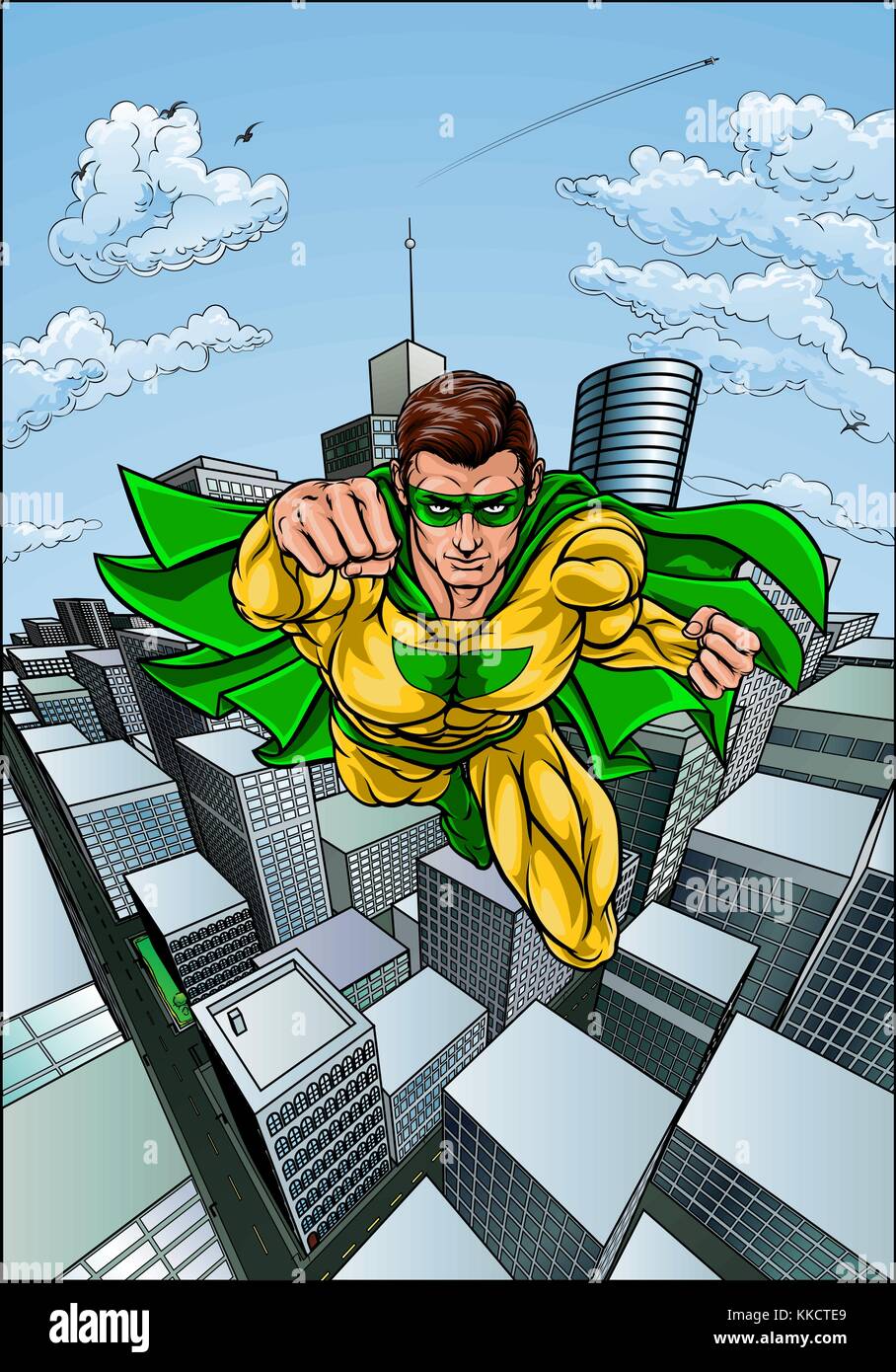 Comic-Buch Flying Superhero City Stock Vektor