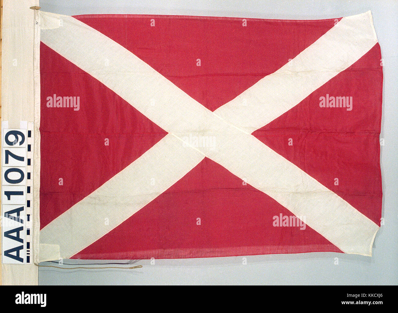 Das Haus Flagge von Edgar Lowden & Co, Liverpool. Die Flagge ist aus Wolle Bunting, Maschine genäht mit einem leinen Hoist. Ein Seil und Holz- toggle ist beigefügt. Am flaschenzug "8 FT" Incribed. Eine rechteckige, rote Flagge mit einem weißen saltire insgesamt. AAA 1079 House flag, Edgar Lowden und Co RMG RP -73-27 EIN Stockfoto