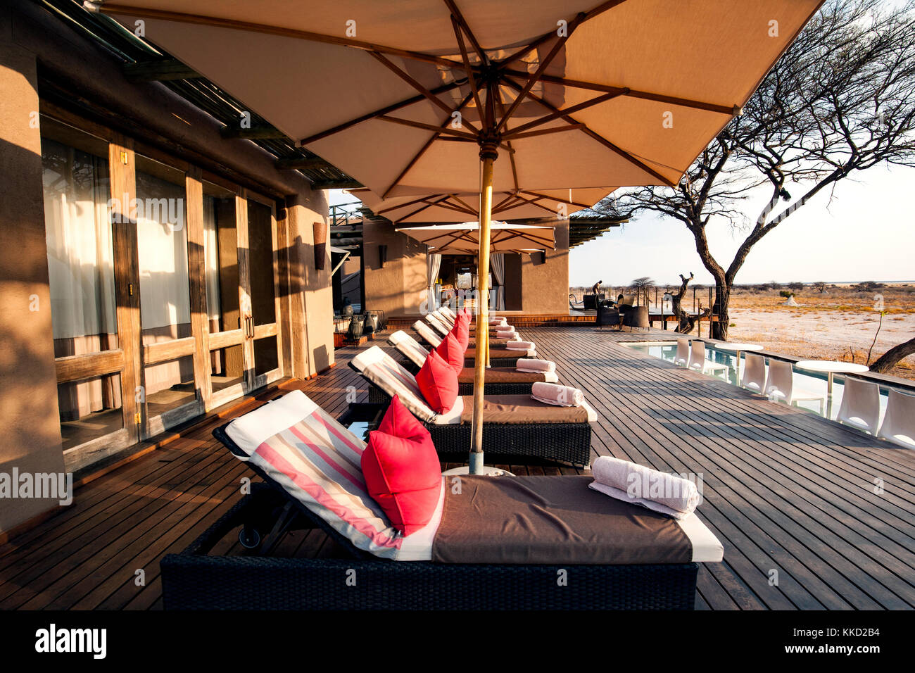 Der Poolbereich auf Onguma The Fort, onguma Game Reserve, Namibia, Afrika Stockfoto