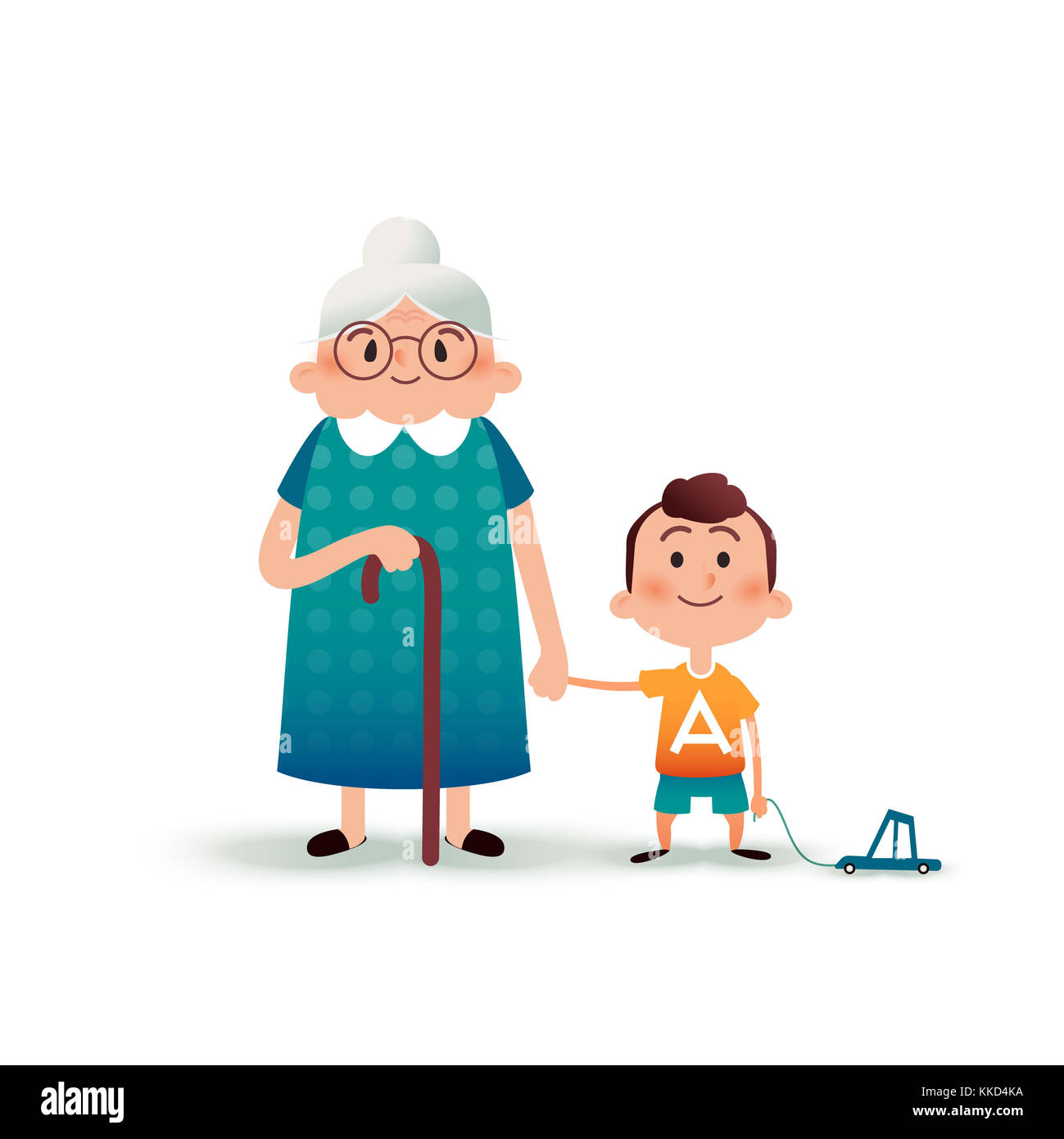 Großmutter und Enkel halten sich die Hände. Kleiner Junge mit einem Spielzeugauto und einer alten Frau Cartoon-Illustration. Glückliches Familienkonzept. Flache Cartoon-Abbildung Stockfoto