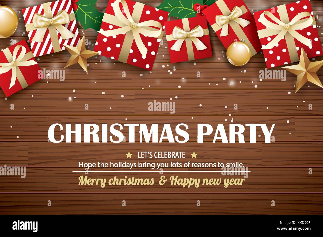 Weihnachtsfeier Plakat Hintergrund design Vorlage. Typografie und Geschenkbox auf braunem Holz. Stock Vektor