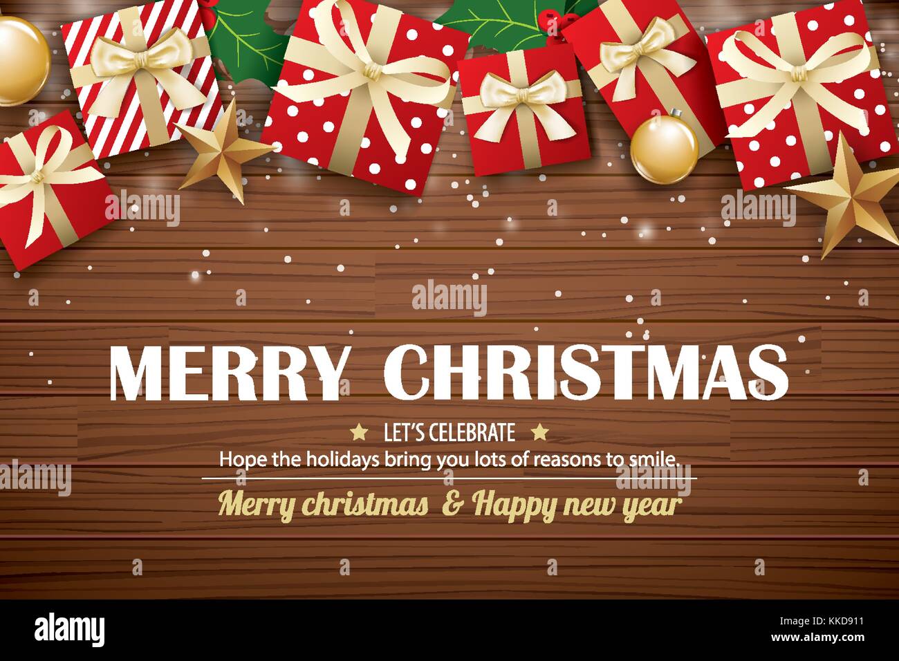 Frohe Weihnachten poster Hintergrund design Vorlage. Typografie und Geschenkbox auf braunem Holz. Stock Vektor