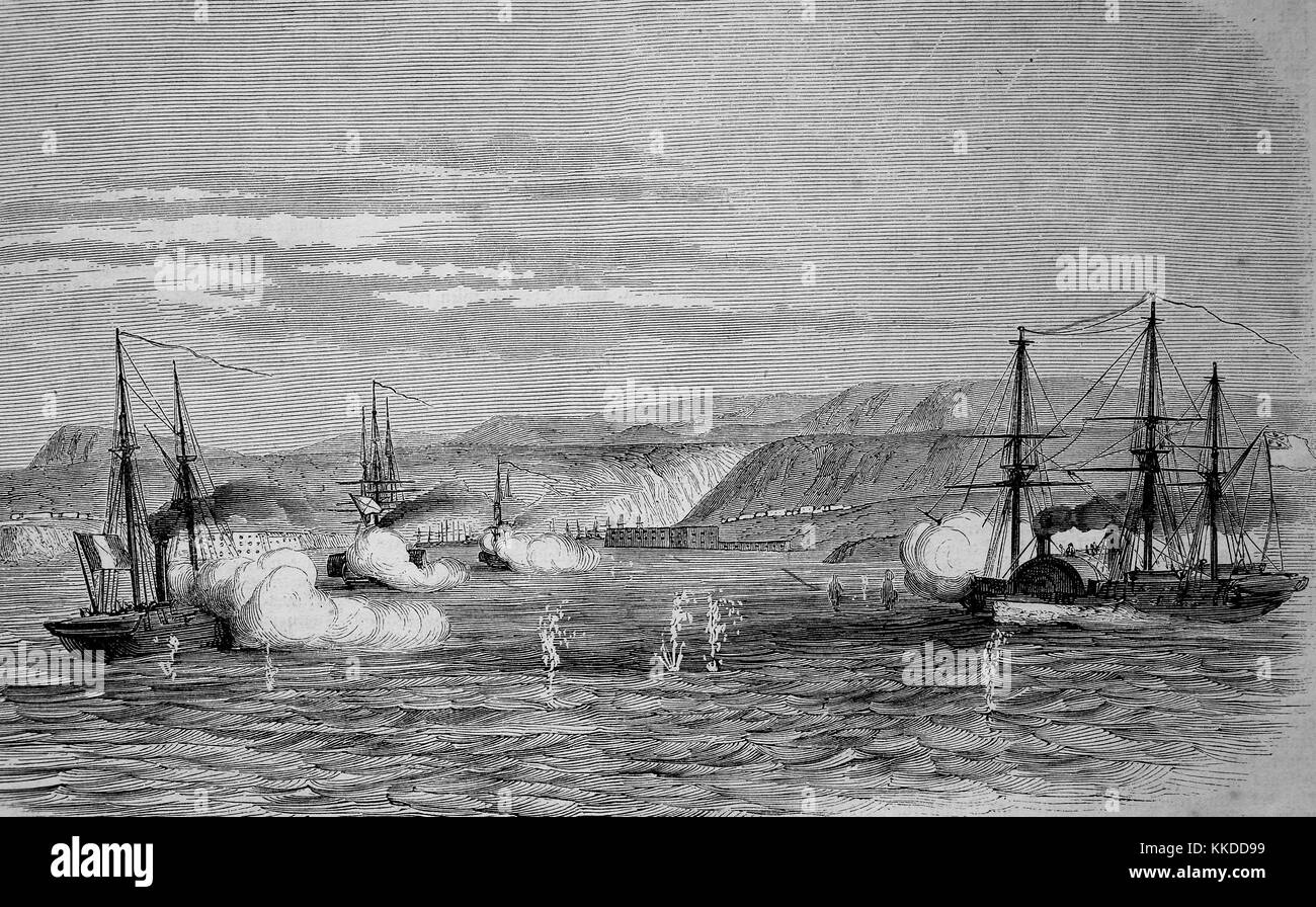 Eine Seeschlacht zwischen russischen und französischen Truppen vor der Halbinsel Krim, Russland, Krim Krieg, Bilder aus der Zeit von 1855, Digital verbesserte Reproduktion eines original Holzschnitt Stockfoto