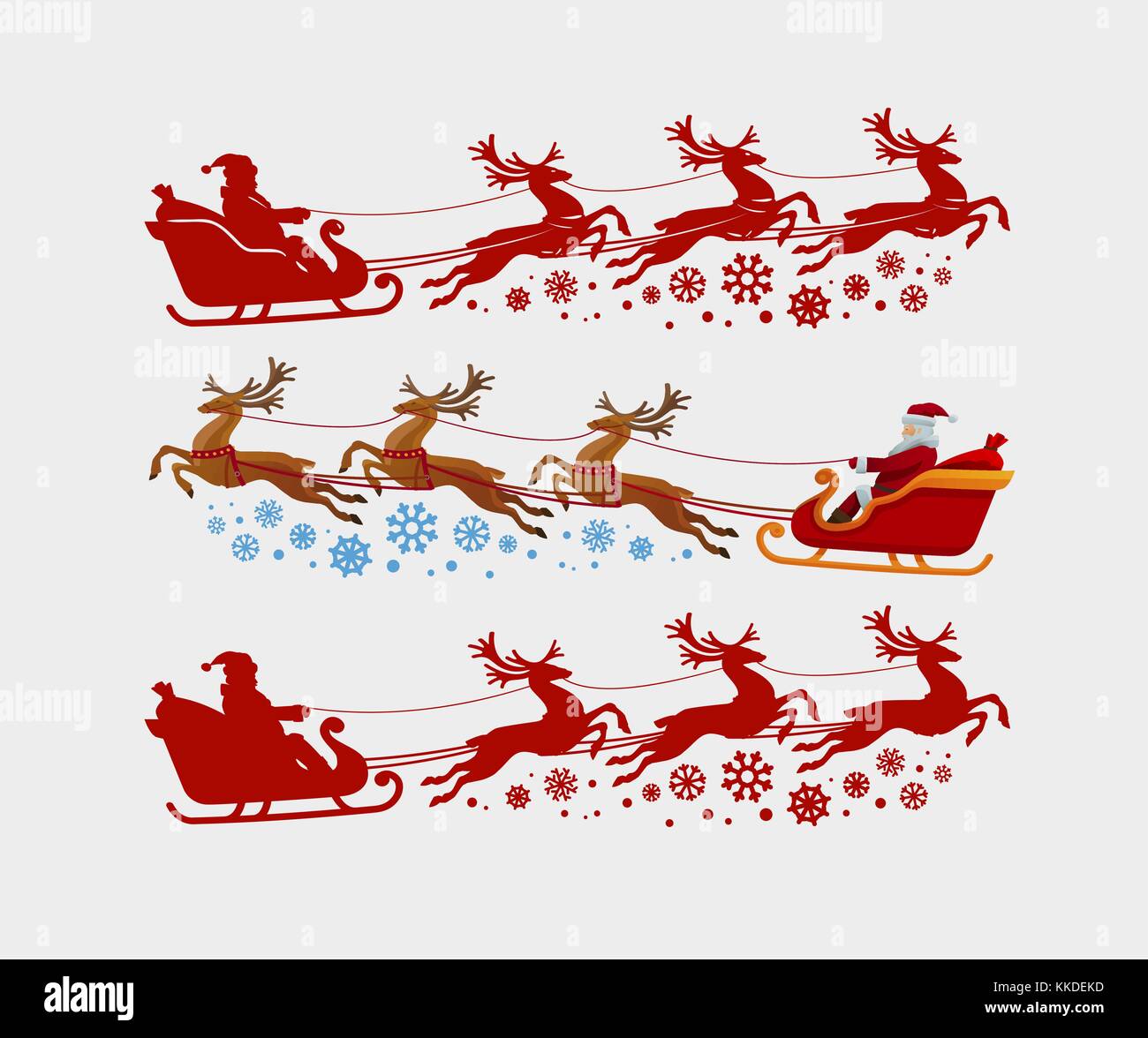 Der Weihnachtsmann fährt im Schlitten, gezogen von Rentieren. Weihnachten, Weihnachtskonzept. Silhouettenvektor-Illustration Stock Vektor
