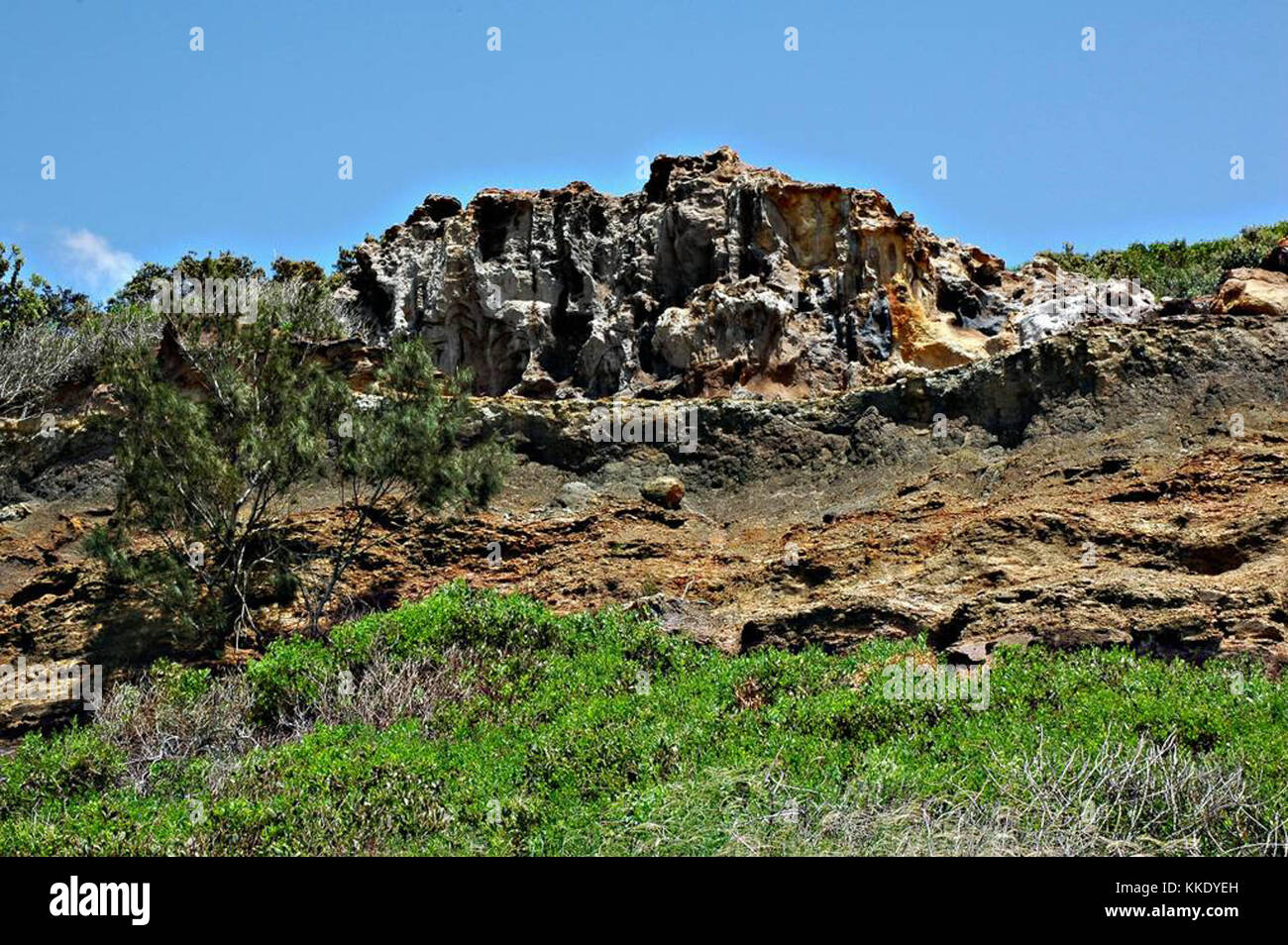 Ein atemberaubendes geologisches Merkmal von Fraser Island, Australien, bekannt für seine Cathedral Cliffs. Diese Klippen sind Teil der einzigartigen natürlichen Schönheit der Insel, die durch Erosion und Küstenprozesse geformt wurde. Stockfoto
