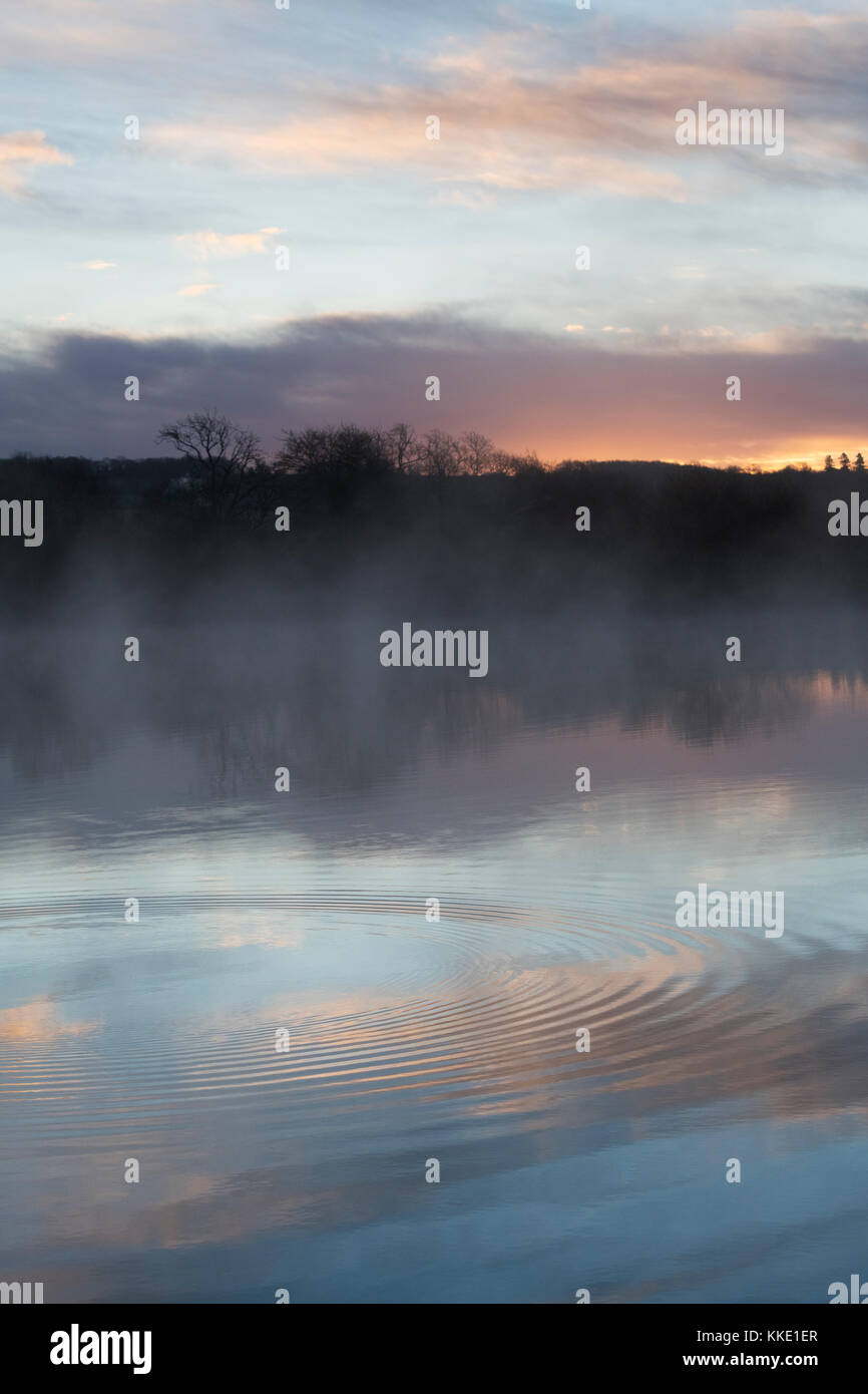 Sonnenaufgang und Wasser Welligkeit Reflexionen auf einem See in der Ortschaft Bourton auf dem Wasser. Cotswolds, Gloucestershire, England Stockfoto