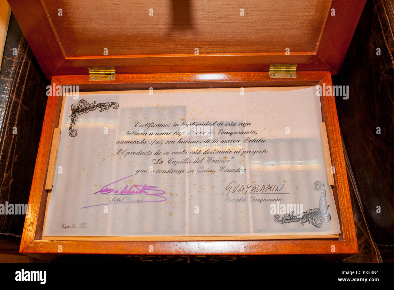 Eine limitierte Edition Humidor von Zigarre entworfen vom Künstler Oswaldo Guayasamín mit einem Zertifikat von dem Künstler und Fidel Castro unterzeichnet. Stockfoto