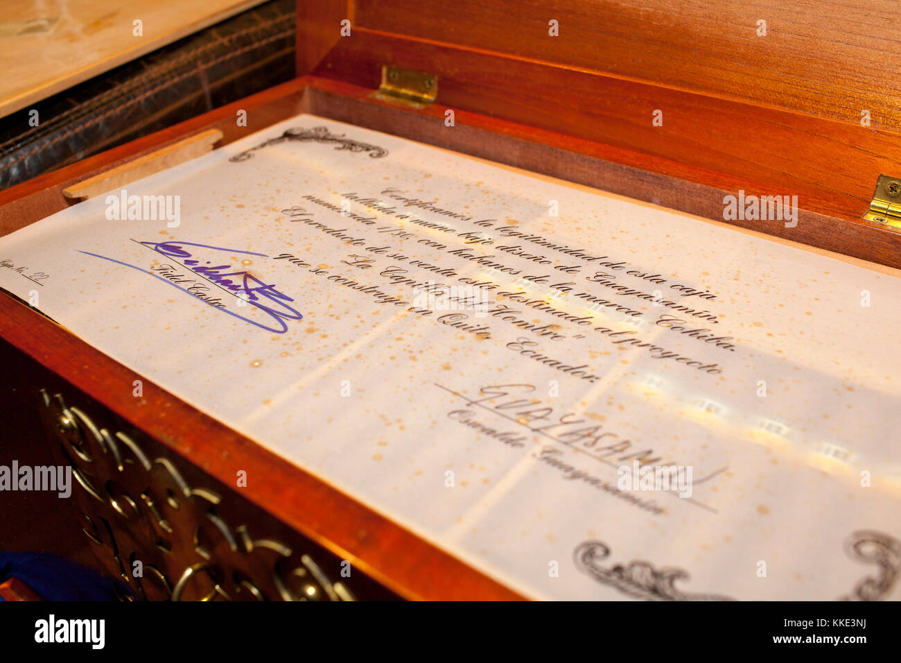 Eine limitierte Edition Humidor von Zigarre entworfen vom Künstler Oswaldo Guayasamín mit einem Zertifikat von dem Künstler und Fidel Castro unterzeichnet. Stockfoto
