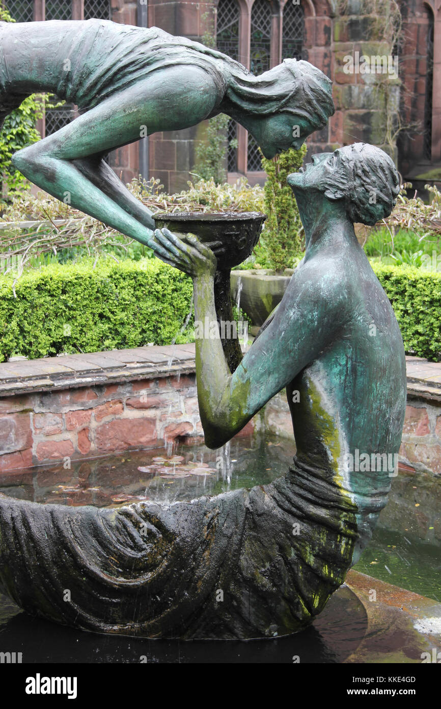"Das Wasser des Lebens' Skulptur von Stephen Broadbent, Kreuzgang Garth, Kathedrale von Chester, Großbritannien Stockfoto