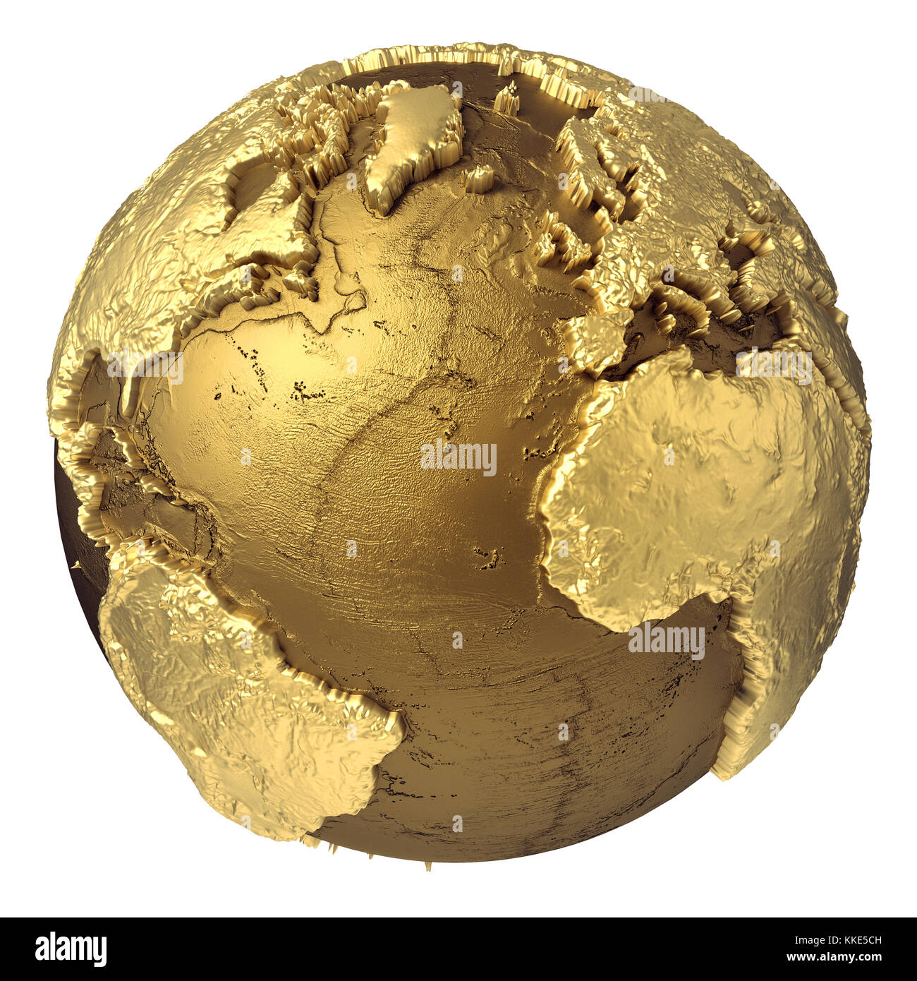 Golden Globe Modell ohne Wasser. Atlantischen Ozean, Europa, Afrika, Nord- und Südamerika. 3D-Rendering auf weißem Hintergrund. Elemente dieser Stockfoto