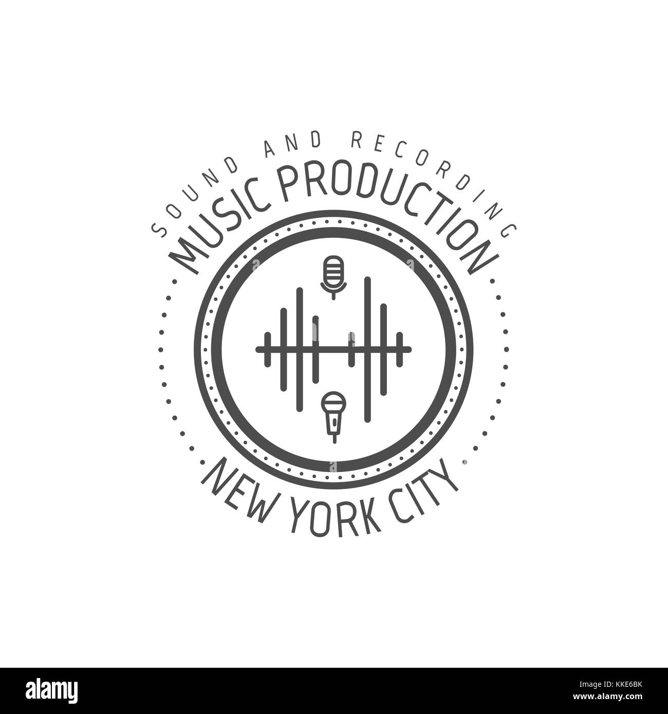 Musikproduktion. new york city Label, Abzeichen, Emblem logo mit Musikinstrument. lieferbar Abbildung auf weißem Hintergrund Stockfoto