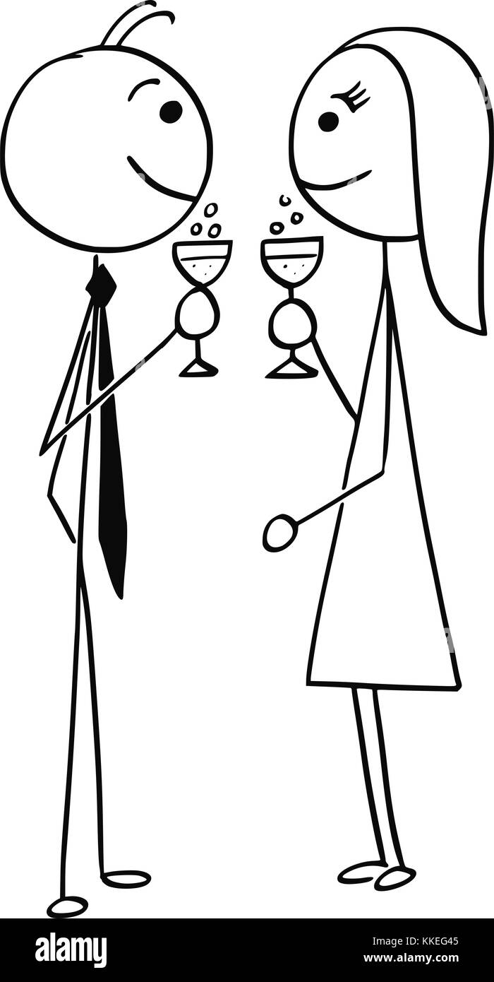 Cartoon stick Mann Zeichnung Abbildung von Mann und Frau das Trinken von Wein oder Champagner und an jedem anderen lächelnd. Stock Vektor