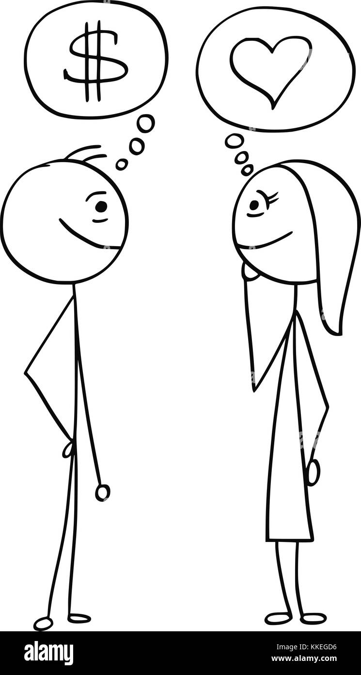 Cartoon stick Mann Zeichnung Abbildung: Unterschied zwischen Mann und Frau reden über Geld, Dollarzeichen und liebe herz Symbol. Stock Vektor