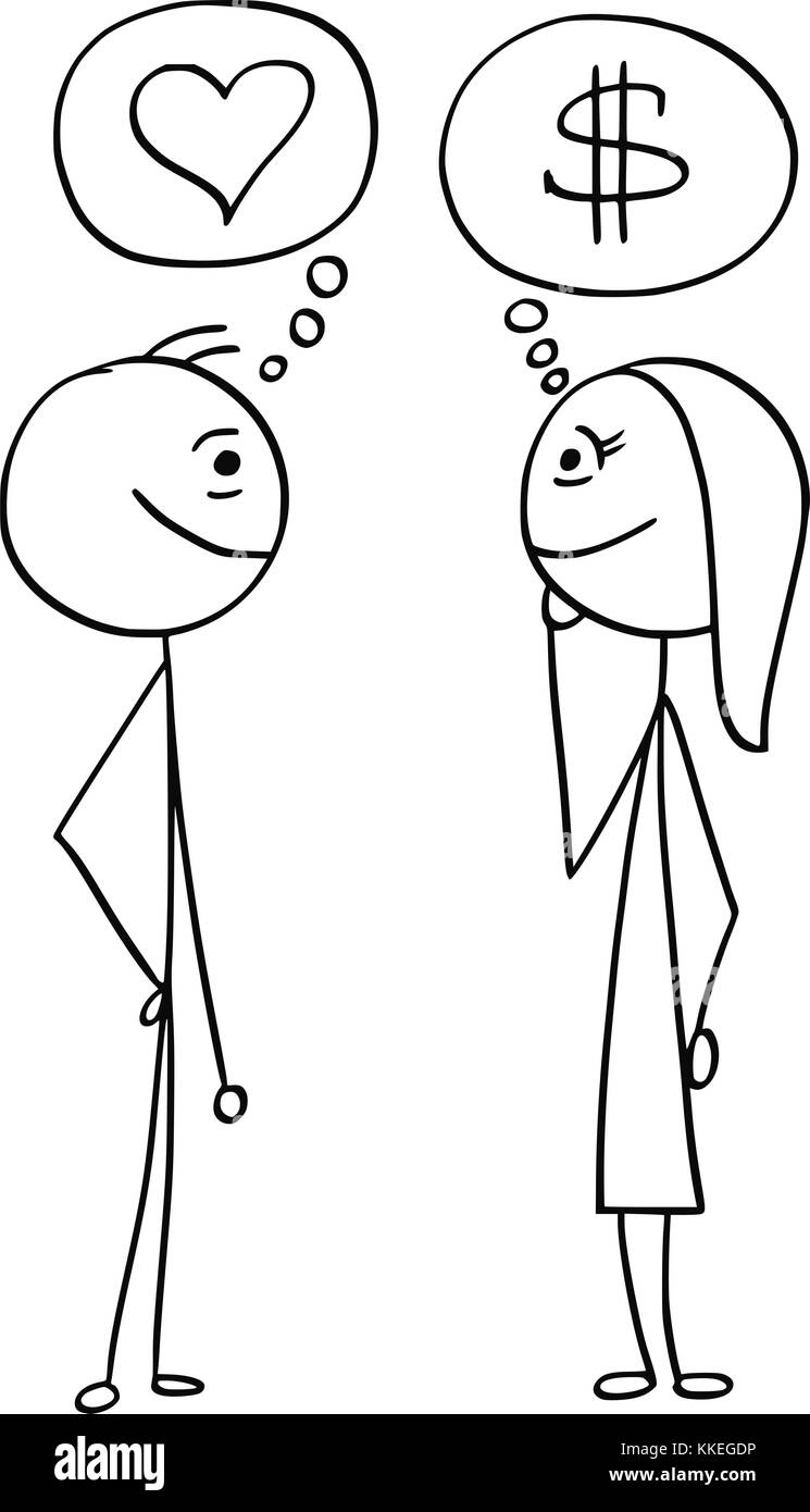 Cartoon stick Mann Zeichnung Abbildung: Unterschied zwischen Mann und Frau reden über Geld, Dollarzeichen und liebe herz Symbol. Stock Vektor