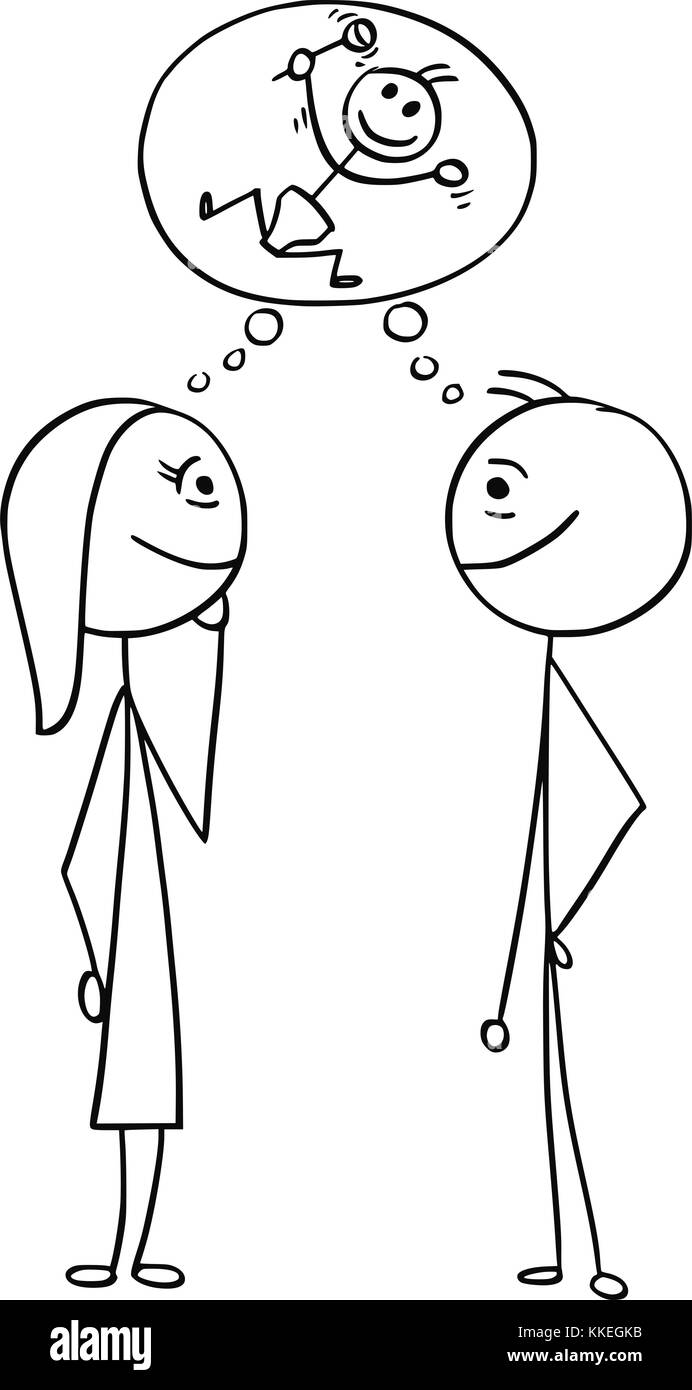 Cartoon stick Mann Zeichnung Abbildung von Mann und Frau denken gemeinsam planen, ein Baby zu haben. Stock Vektor