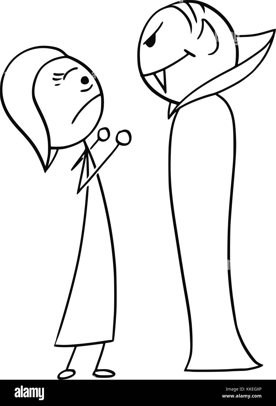 Cartoon stick Mann Zeichnung Abbildung: ängstlich und erschrocken Frau, die das halloween Vampir met. Stock Vektor