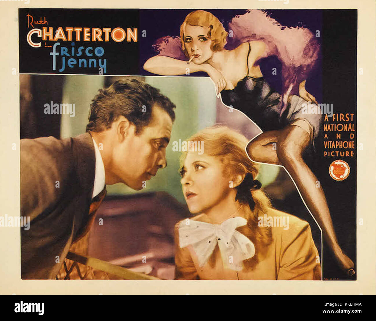 Dieses Poster zeigt den Film *Frisco Jenny* aus dem Jahr 1932 mit dramatischen Elementen aus dem Film. Es ist ein Stück Filmgeschichte, das den filmischen Stil des frühen 20. Jahrhunderts veranschaulicht. Stockfoto