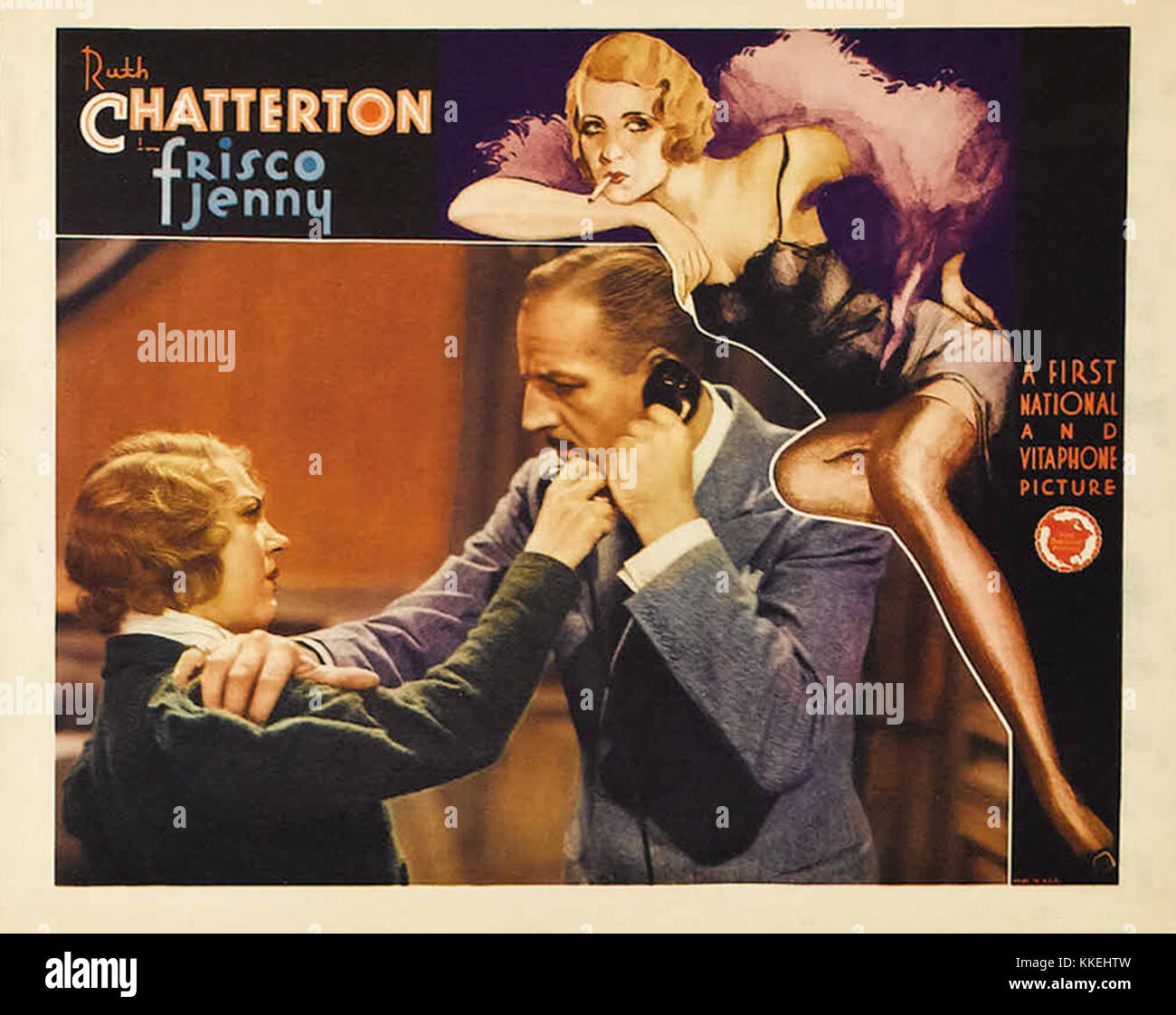 Ein Vintage-Filmplakat für den Film *Frisco Jenny*, ein Drama aus den 1930er Jahren. Das Poster zeigt markante Designelemente und Typografie, die die Epoche reflektieren. Stockfoto