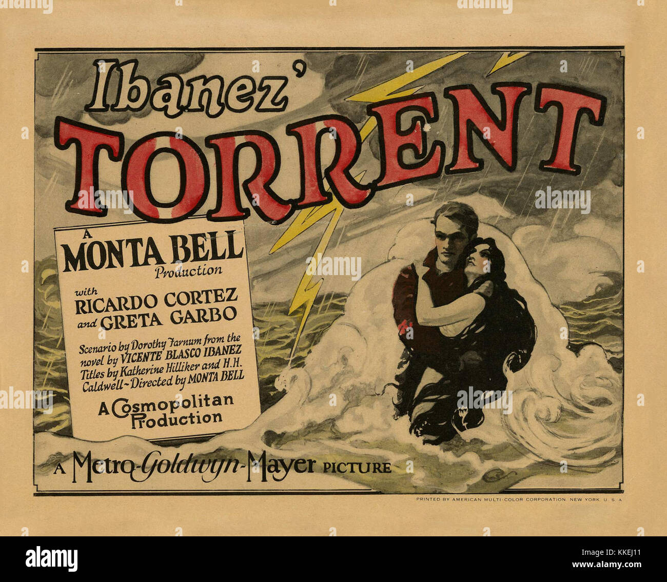 Das Poster für „der Torrent“ (1926) fängt die dramatische Essenz des Films ein und wirbt für diesen Film aus der Stummzeit über Liebe, Tragödie und Leidenschaft. Er spiegelt den kulturellen Einfluss des Films während der Stummfilmzeit wider. Stockfoto