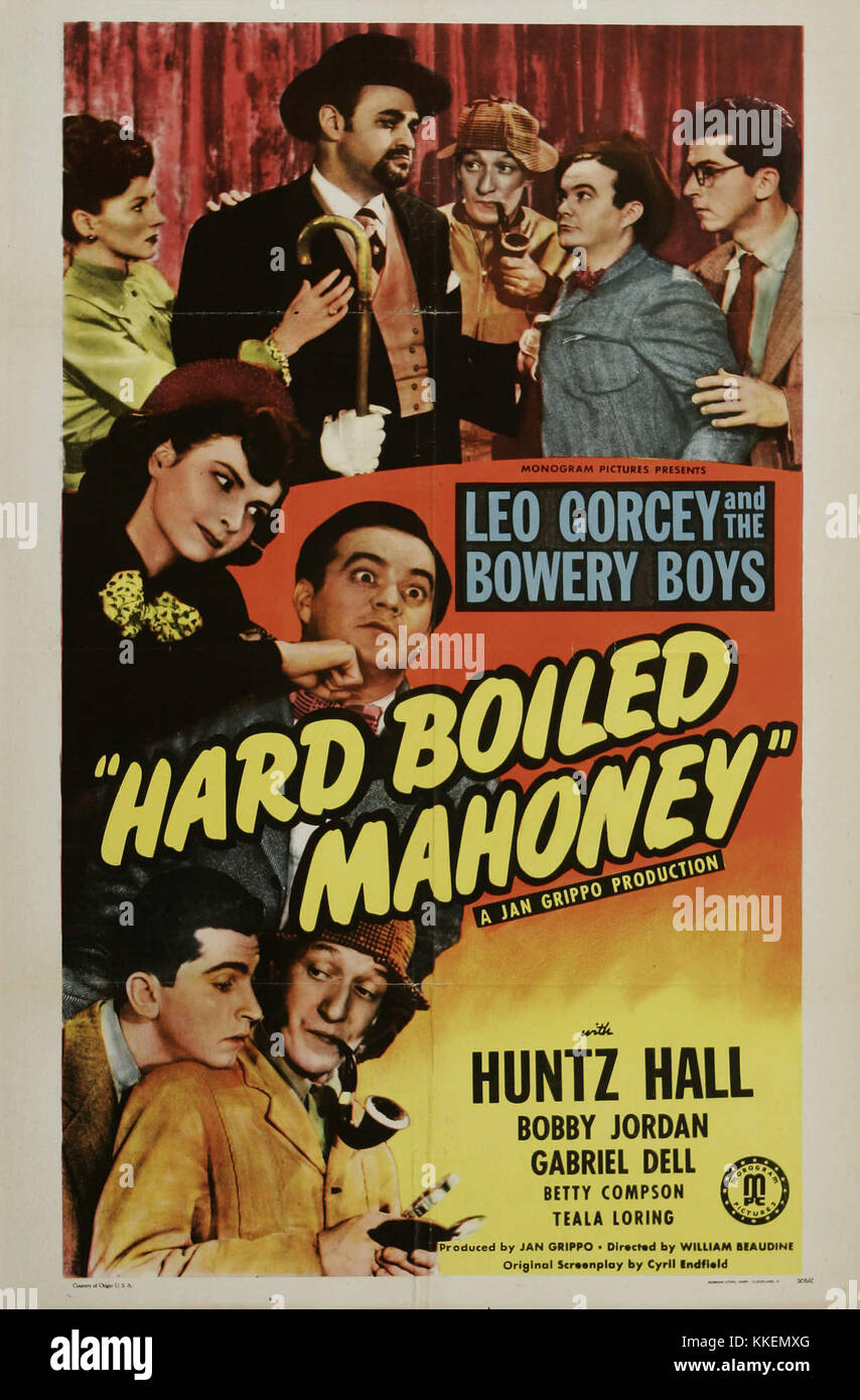 Dieses Vintage-Poster für den Film „Hard Boiled Mahoney“ aus dem Jahr 1947 zeigt auffällige Grafiken und Design. Der Film, der für seine Krimi-Noir-Elemente bekannt ist, spiegelt den Stil und die Kultur des amerikanischen Nachkriegs-Kinos wider. Stockfoto