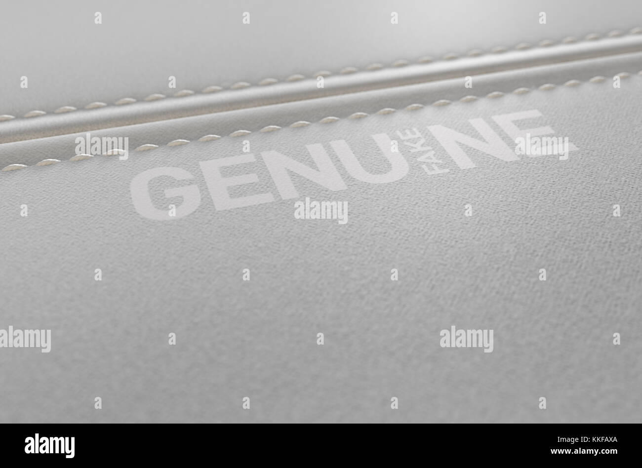 Eine Nahaufnahme des Abschnitts einer weißen Leinwand Stoff und einem weiß Drucken, die besagt, dass die ursprüngliche ist aber tatsächlich Fake - 3D-Rendering Stockfoto