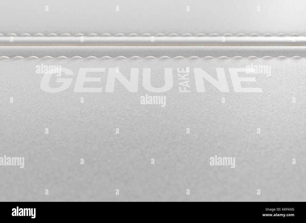 Eine Nahaufnahme des Abschnitts einer weißen Leinwand Stoff und einem weiß Drucken, die besagt, dass die ursprüngliche ist aber tatsächlich Fake - 3D-Rendering Stockfoto